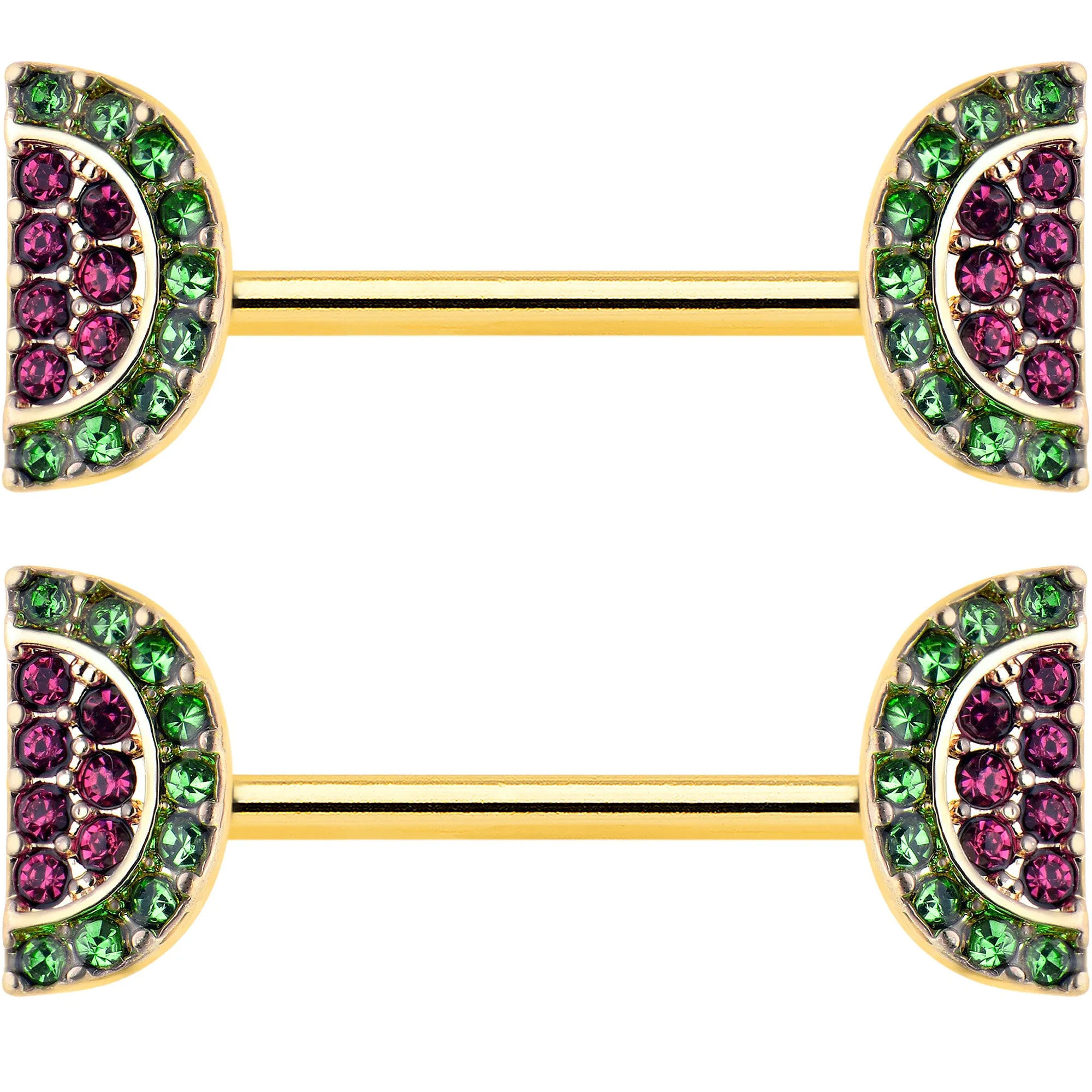 14 Gauge 9/16 Pink Gem Gold Hue Watermelon Yum Barbell Nipple Ring Set