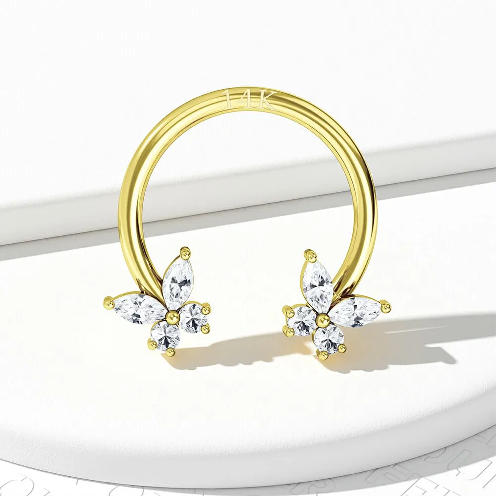 14K Gold 16G CZ Butterfly Horseshoe Septum Ring