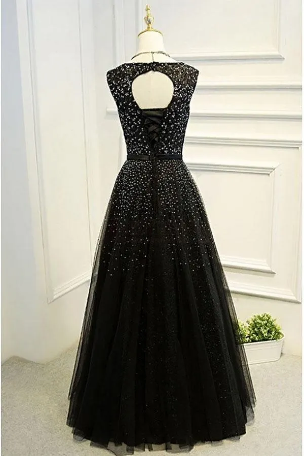 A Line Black Long Tulle Prom Dresses with Beadings TP0173