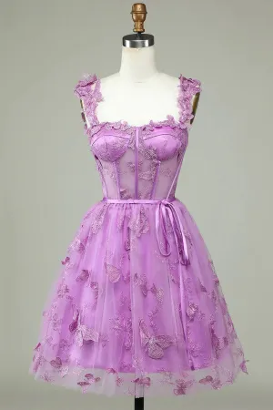A-line Butterfly Corset Homecoming Dress Magenta Graduation Dress HD0208