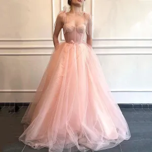 A-line Fitted Boning Prom Dress Spaghetti Strap Tulle Long Evening Gowns OKW77