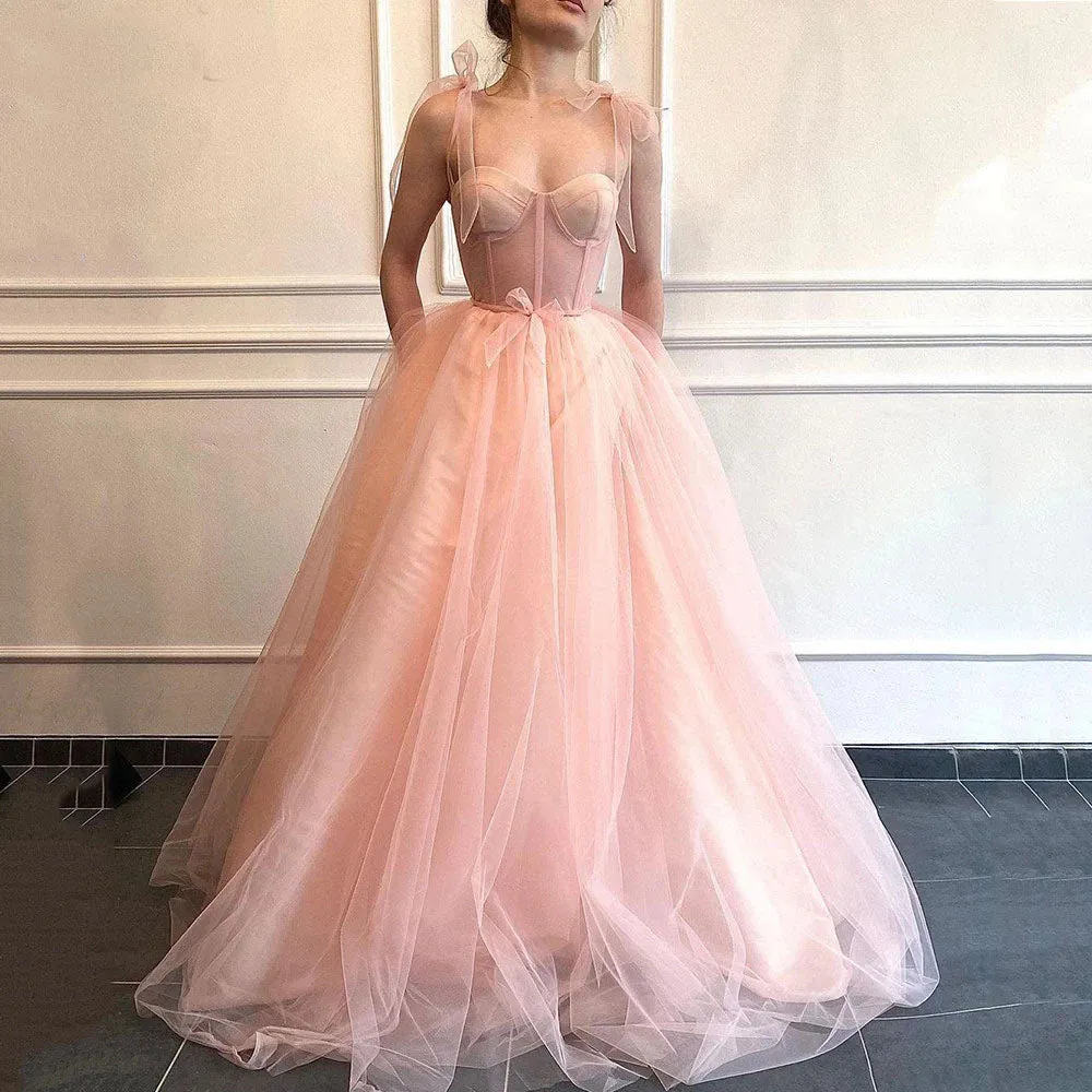 A-line Fitted Boning Prom Dress Spaghetti Strap Tulle Long Evening Gowns OKW77
