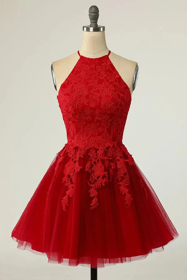 A Line Halter Short Red Homecoming Dress with Appliques TN421