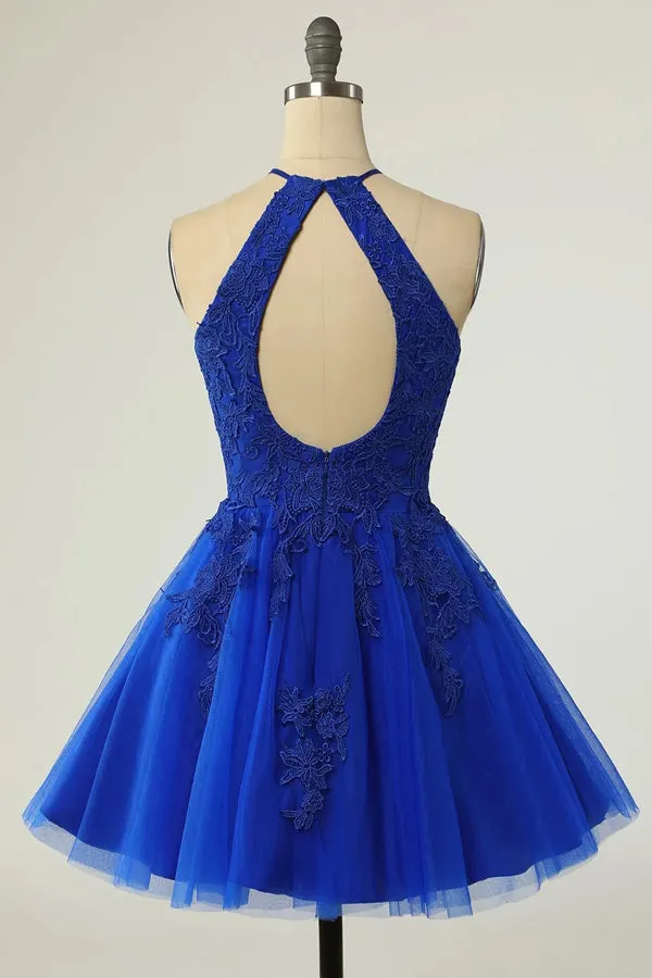 A Line Halter Short Red Homecoming Dress with Appliques TN421