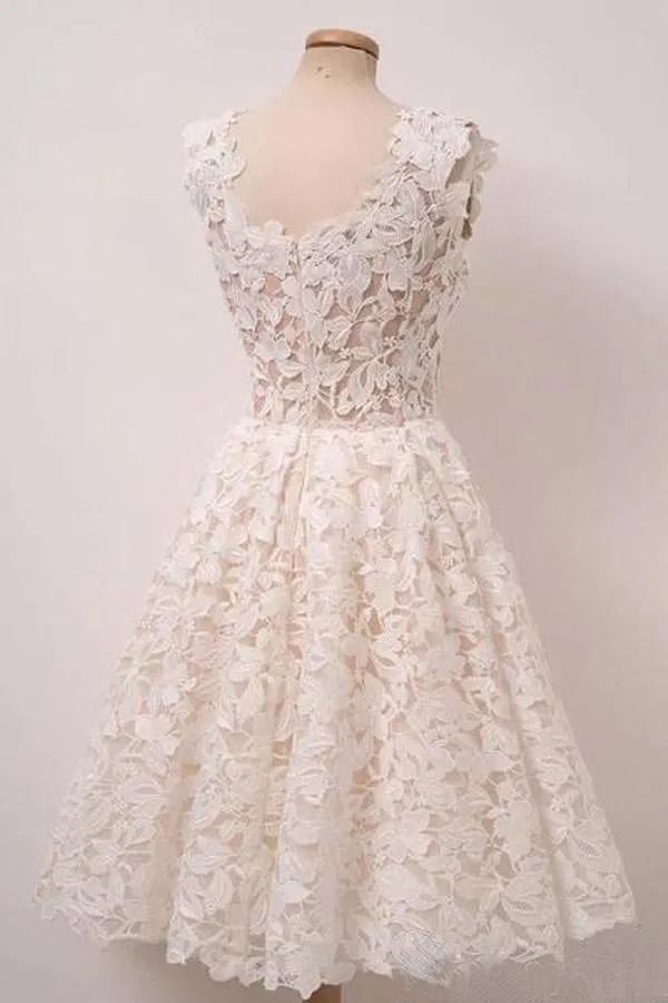 A-line Ivory Lace Homecoming Dresses Square Neck Short Prom Dress HD0061