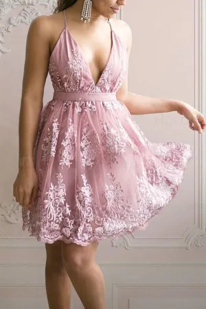 A Line Lace Appliqued V-neck Short Homecoming Dress HD0103