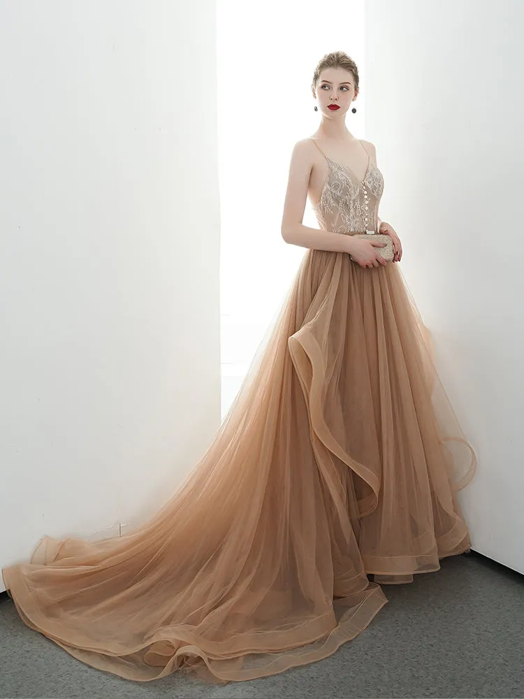 A-line Spaghetti Straps Tulle Long Lace Appliques Prom Dress OKR85