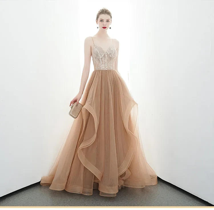 A-line Spaghetti Straps Tulle Long Lace Appliques Prom Dress OKR85