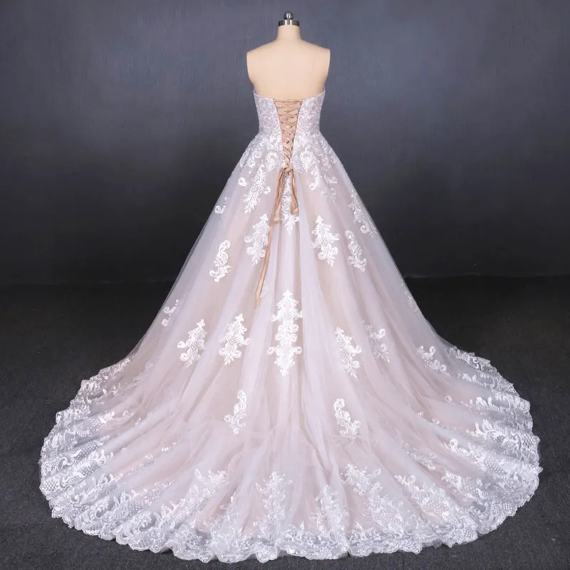 A Line Strapless Lace Appliques Wedding Dresses, Cheap Bridal Dresses OKQ16