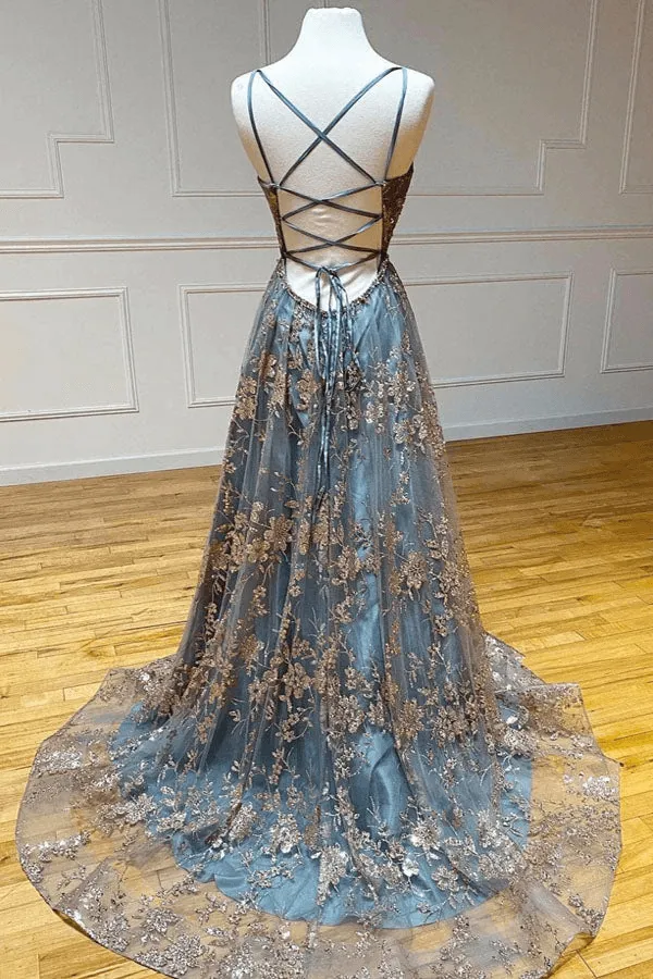 A-Line Tulle Straps Sequins Lace Prom Dress Split Evening Dress  TP1120