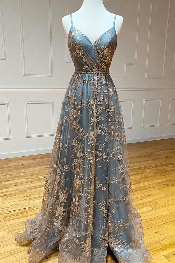 A-Line Tulle Straps Sequins Lace Prom Dress Split Evening Dress  TP1120