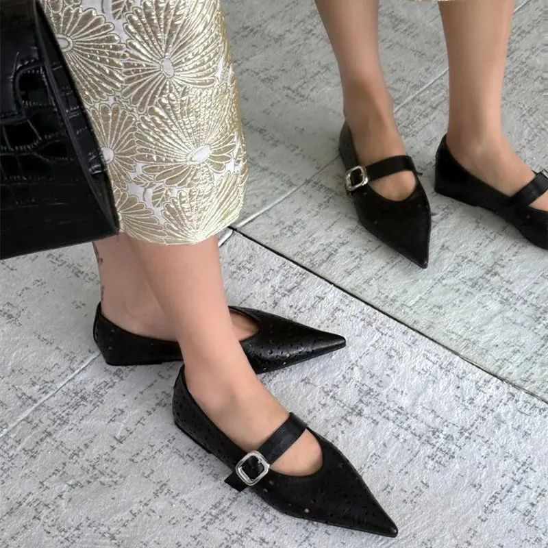 ADVBRIDGE  -  Green Hollow Design Ballet Flats Women Sexy Pointed Toe Soft Leather Mary Jane Shoes Comfort Breathable Metal Buckle Strap Flats