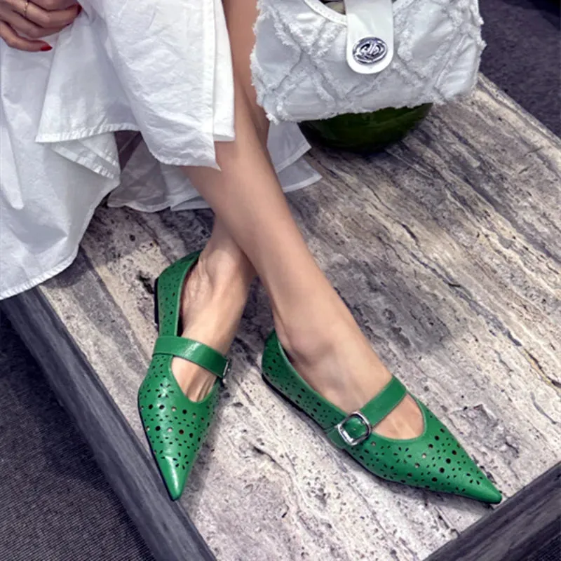 ADVBRIDGE  -  Green Hollow Design Ballet Flats Women Sexy Pointed Toe Soft Leather Mary Jane Shoes Comfort Breathable Metal Buckle Strap Flats