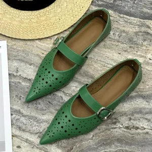 ADVBRIDGE  -  Green Hollow Design Ballet Flats Women Sexy Pointed Toe Soft Leather Mary Jane Shoes Comfort Breathable Metal Buckle Strap Flats