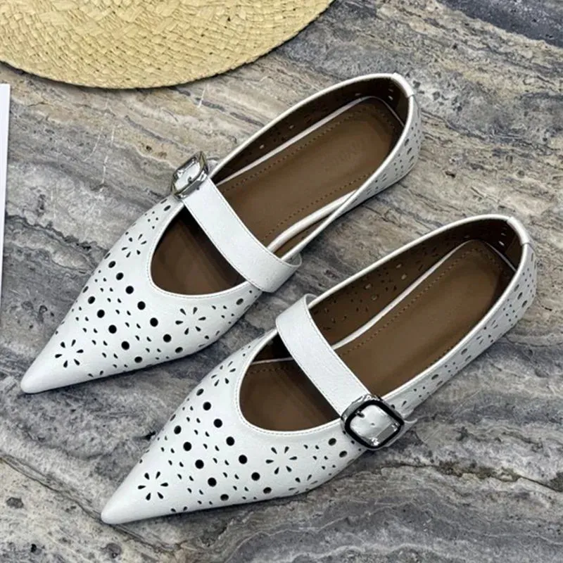 ADVBRIDGE  -  Green Hollow Design Ballet Flats Women Sexy Pointed Toe Soft Leather Mary Jane Shoes Comfort Breathable Metal Buckle Strap Flats