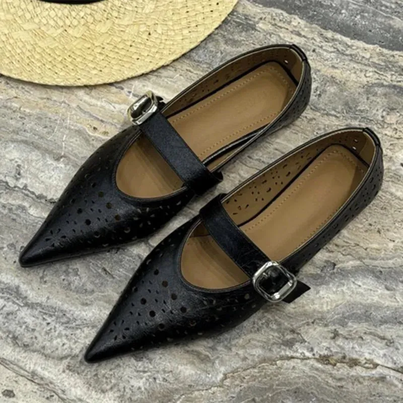 ADVBRIDGE  -  Green Hollow Design Ballet Flats Women Sexy Pointed Toe Soft Leather Mary Jane Shoes Comfort Breathable Metal Buckle Strap Flats