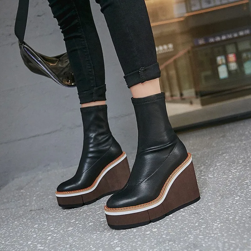 Ankle boots for women round toe platform wedges shoes