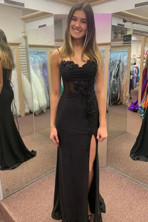 Appliques Black Spaghetti Corset Straps Prom Dress with Slit TP1398