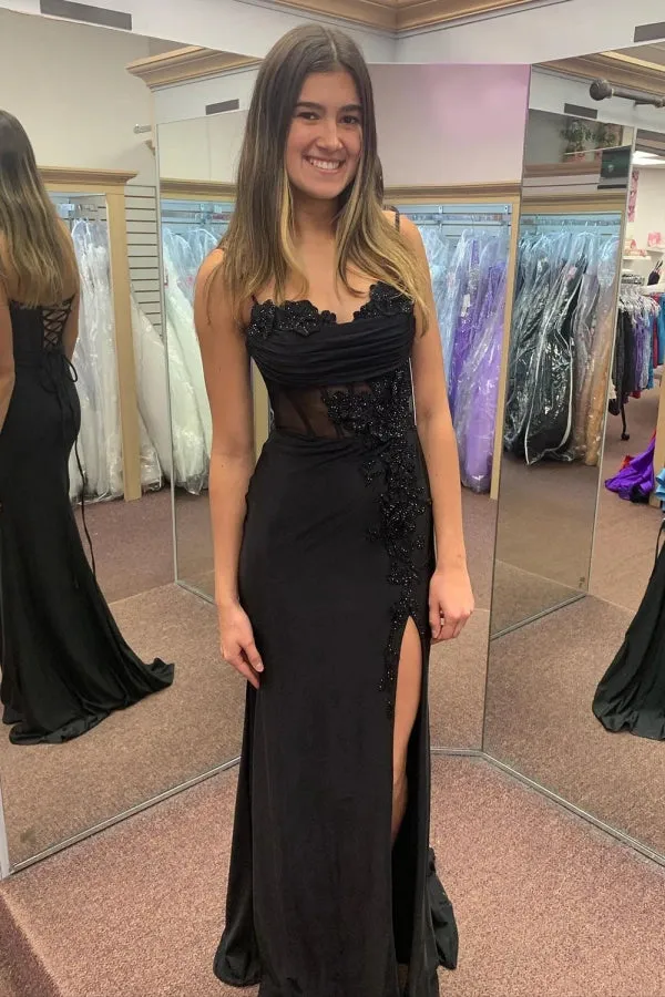Appliques Black Spaghetti Corset Straps Prom Dress with Slit TP1398