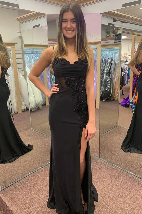 Appliques Black Spaghetti Corset Straps Prom Dress with Slit TP1398