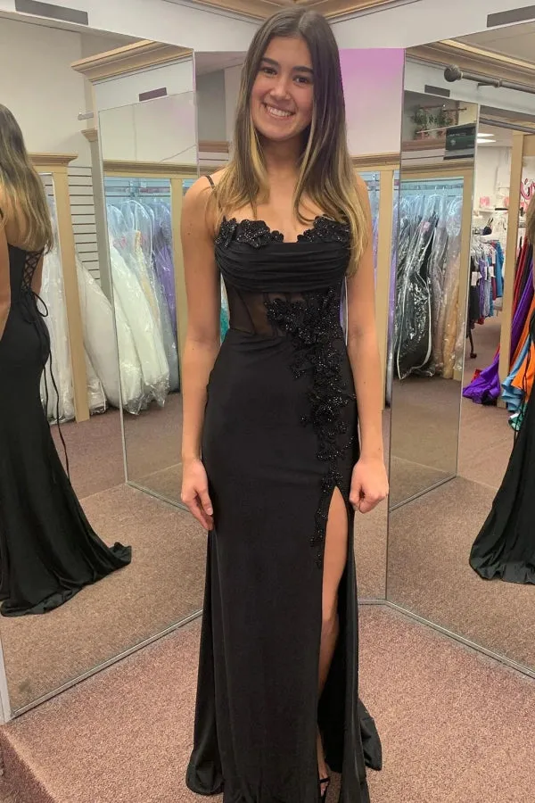 Appliques Black Spaghetti Corset Straps Prom Dress with Slit TP1398