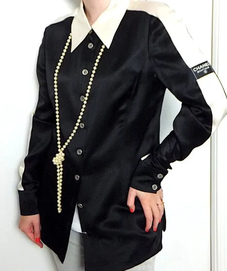 Authentic Chanel Black & White Silk Blouse