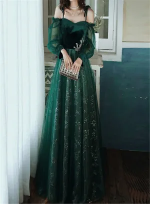 Beautful Dark Green Tulle Stunning Sequin Bridal Dress, Spaghetti Strap Prom Dress Wedding Party Dresses