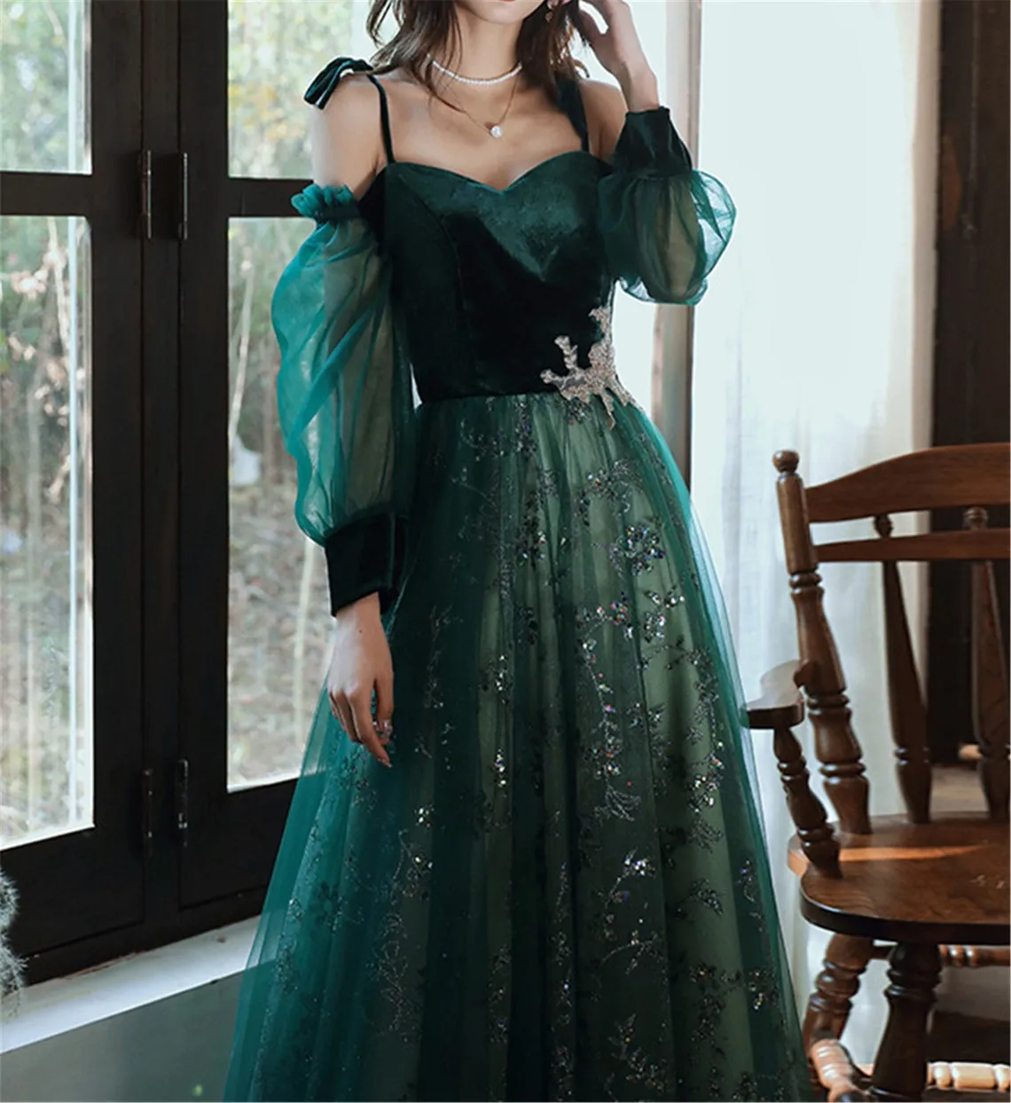 Beautful Dark Green Tulle Stunning Sequin Bridal Dress, Spaghetti Strap Prom Dress Wedding Party Dresses