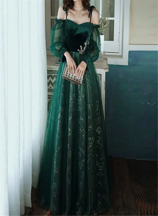 Beautful Dark Green Tulle Stunning Sequin Bridal Dress, Spaghetti Strap Prom Dress Wedding Party Dresses