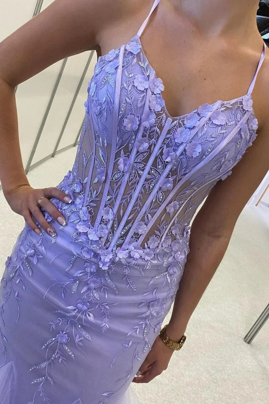 Beautiful Lavender Spaghetti Straps Lace Sleeveless Prom Dress TP1271