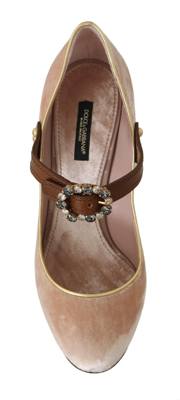 Beige Velvet Crystal Studs Mary Jane Shoes