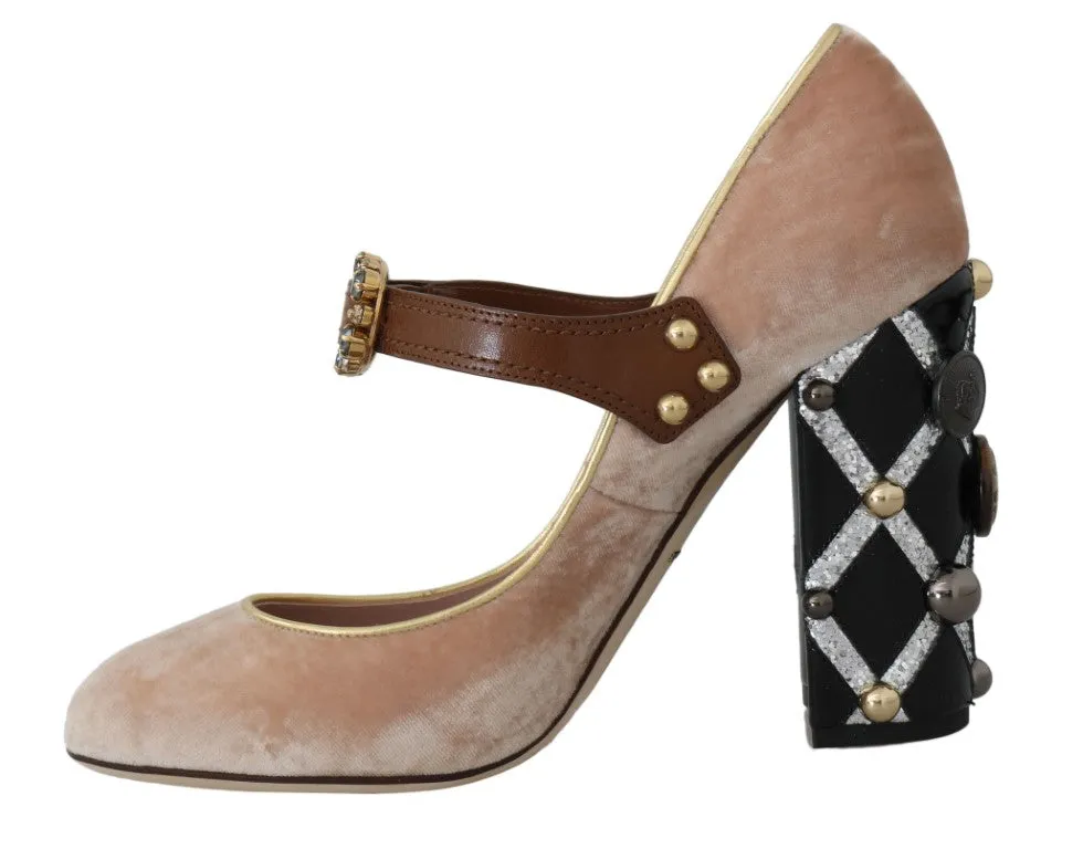 Beige Velvet Crystal Studs Mary Jane Shoes