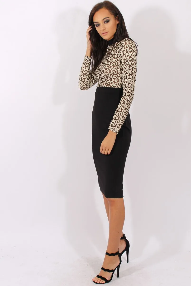 Black & Gold Mesh Top Embroidered Midi Dress - Louiza