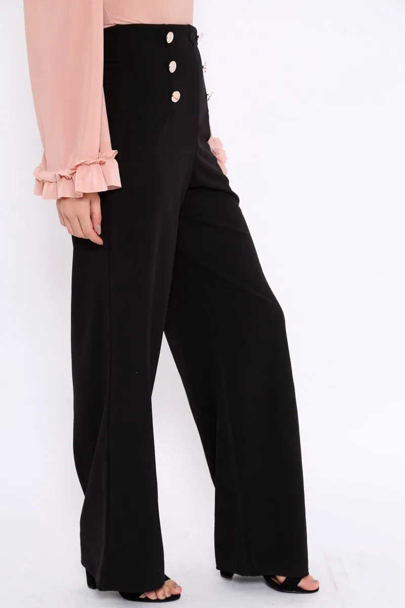 Black High Waist Button Front Wide Leg Trousers - Juna