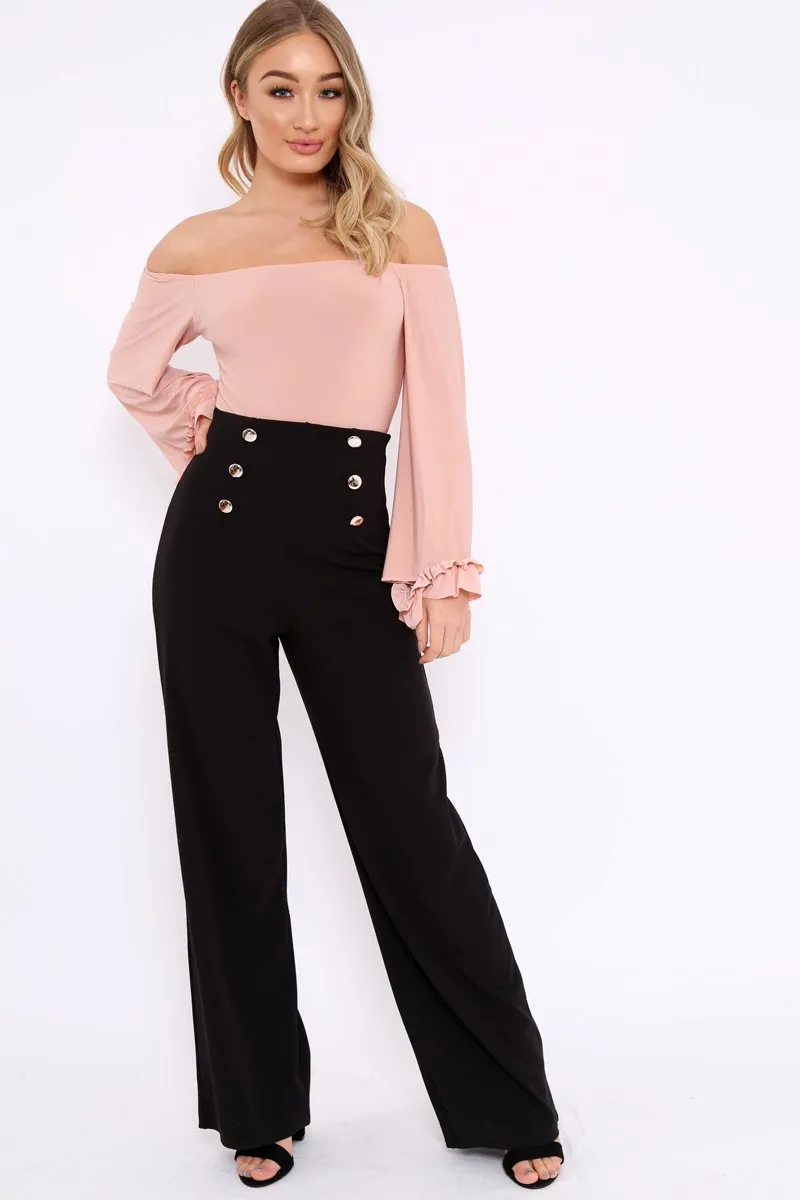 Black High Waist Button Front Wide Leg Trousers - Juna