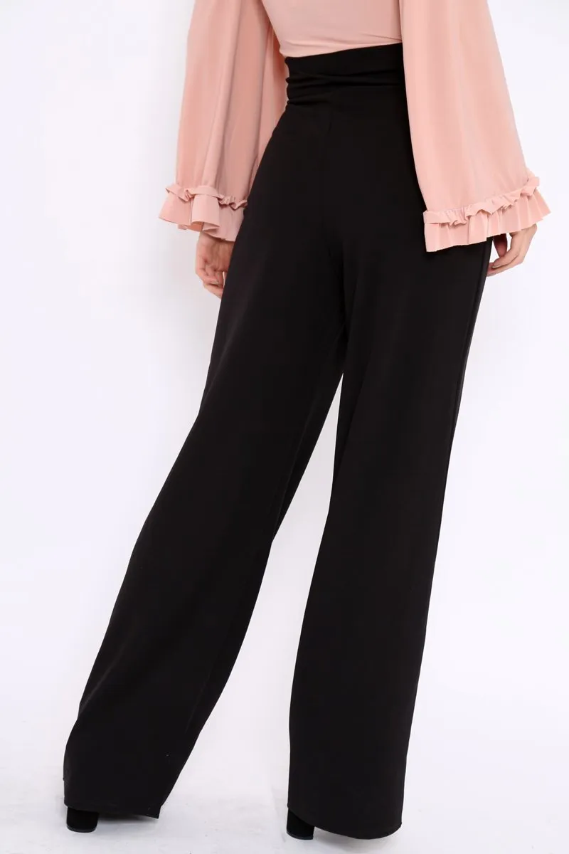 Black High Waist Button Front Wide Leg Trousers - Juna