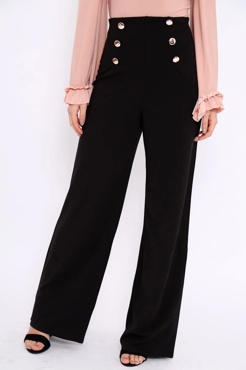 Black High Waist Button Front Wide Leg Trousers - Juna