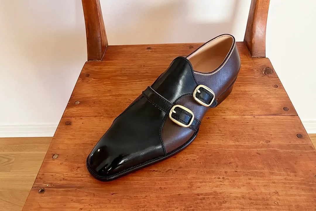Black Leather And Brown Raindear Leather  Double Monk Strap Shoes - Monk Shoes - Formal Shoes