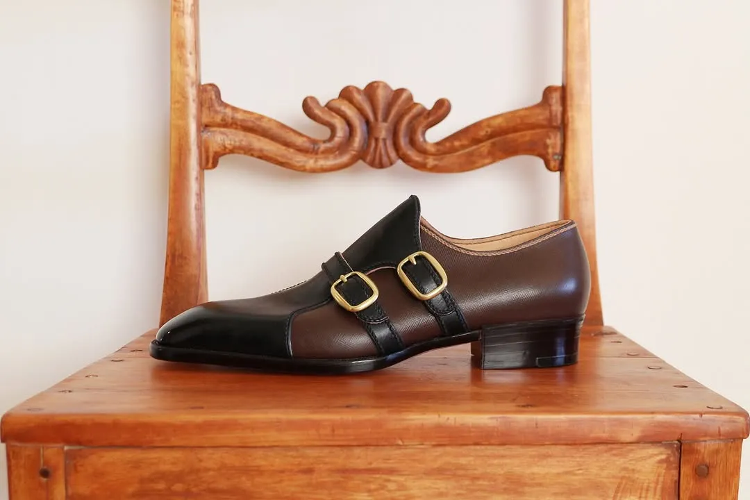 Black Leather And Brown Raindear Leather  Double Monk Strap Shoes - Monk Shoes - Formal Shoes