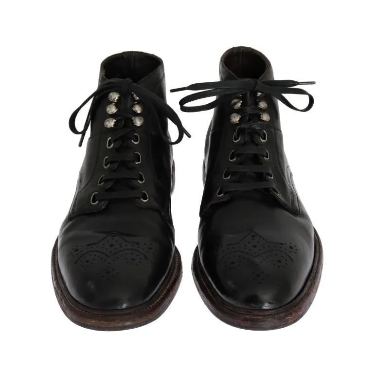 Black Leather Ankle Lace Up Boots
