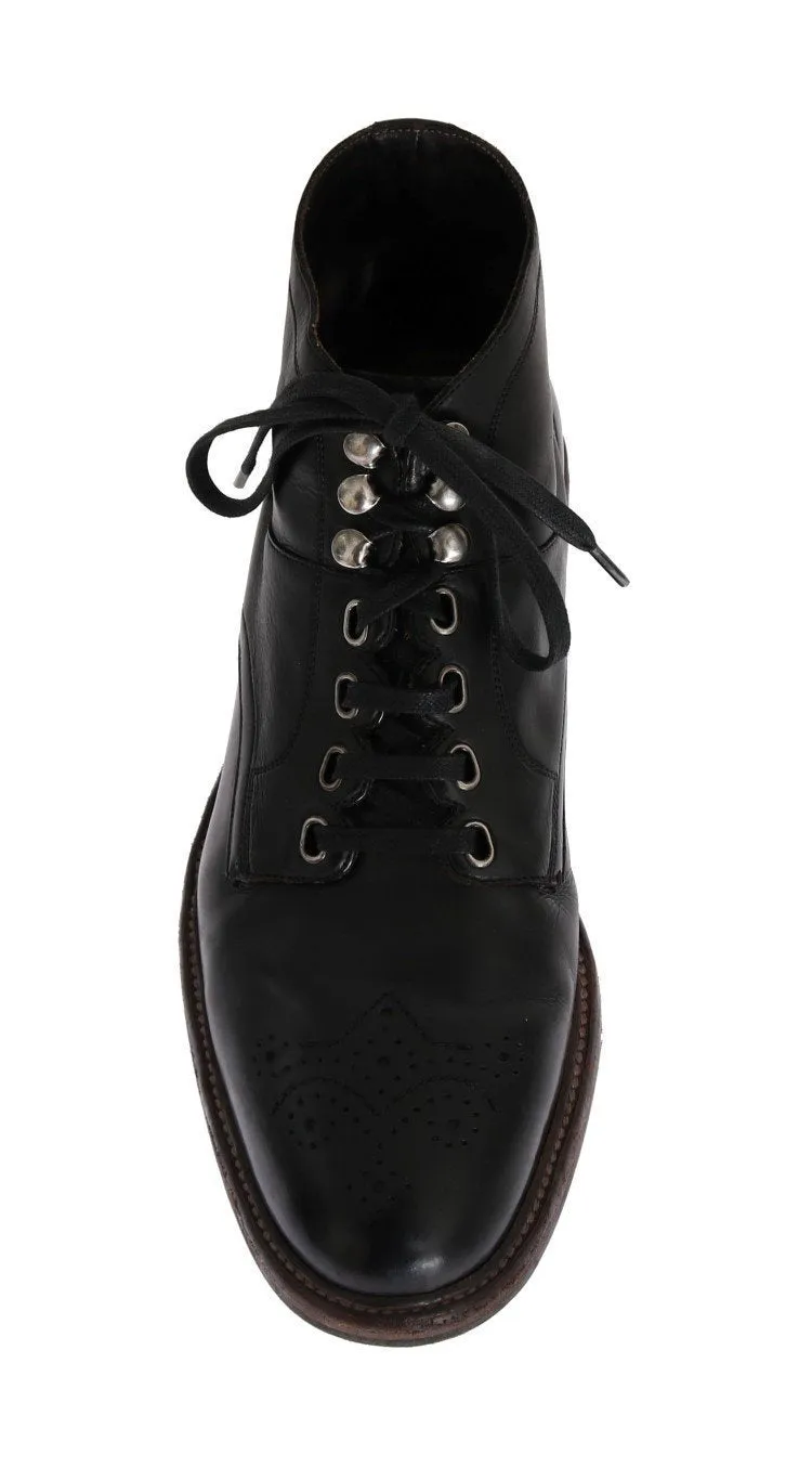Black Leather Ankle Lace Up Boots