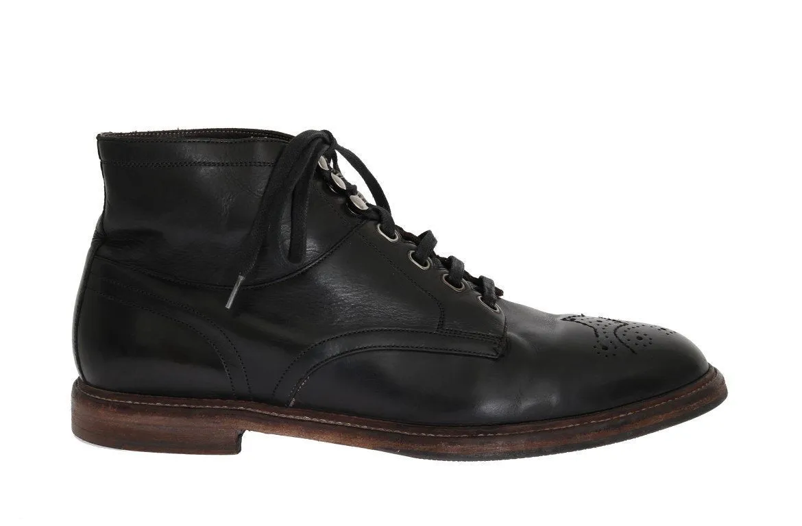 Black Leather Ankle Lace Up Boots