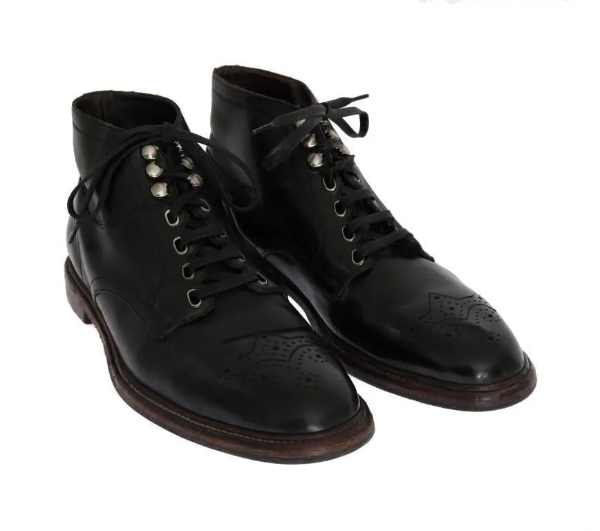 Black Leather Ankle Lace Up Boots