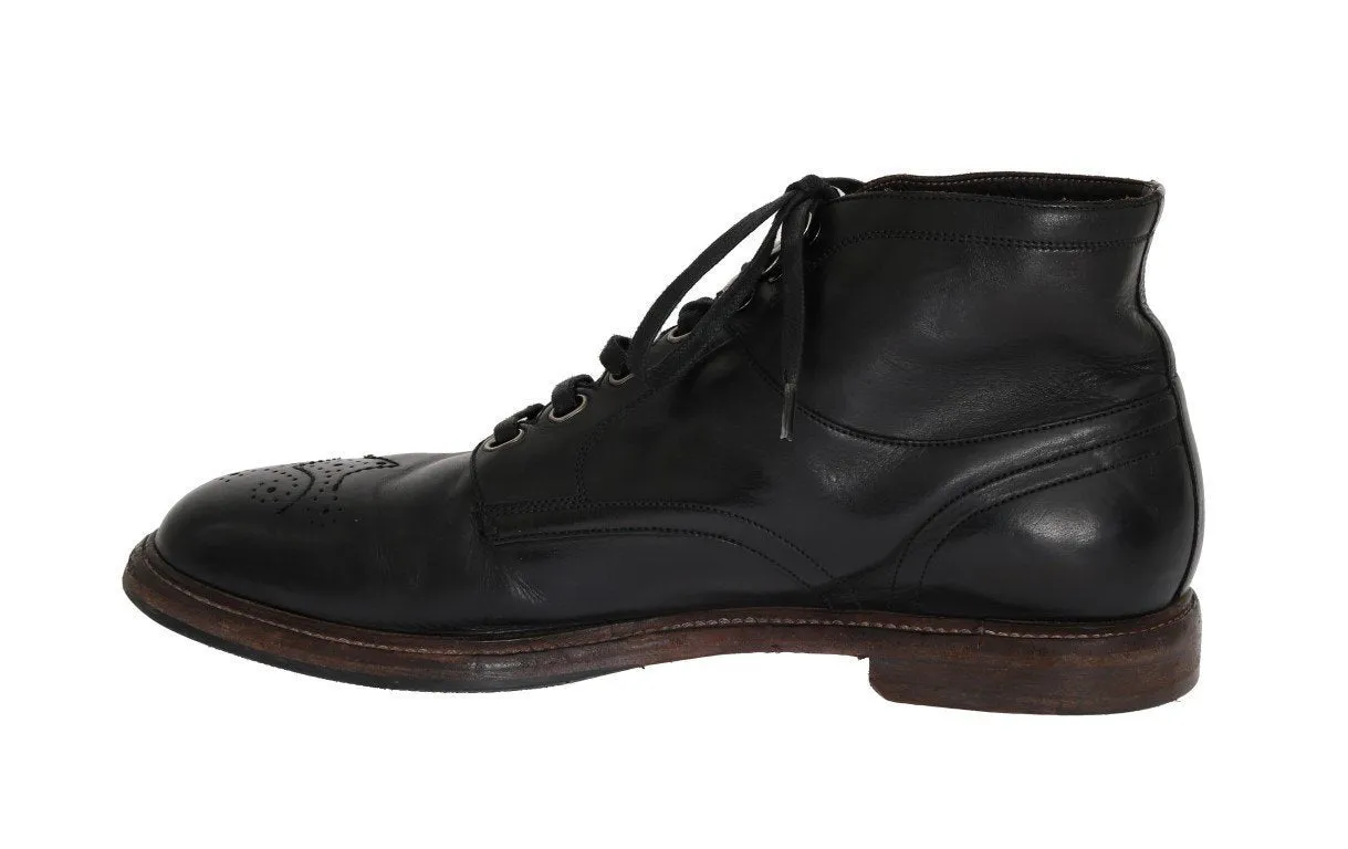 Black Leather Ankle Lace Up Boots