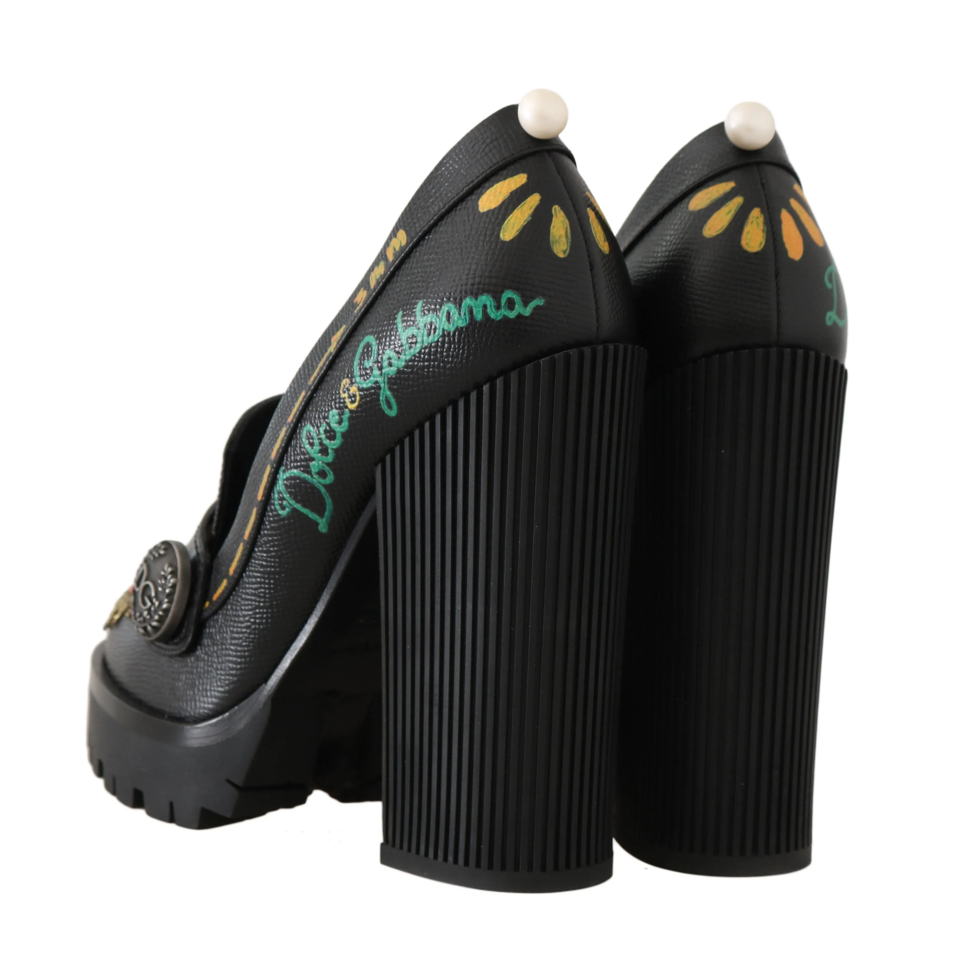 Black Leather Platform Red Heart Pumps