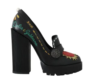 Black Leather Platform Red Heart Pumps