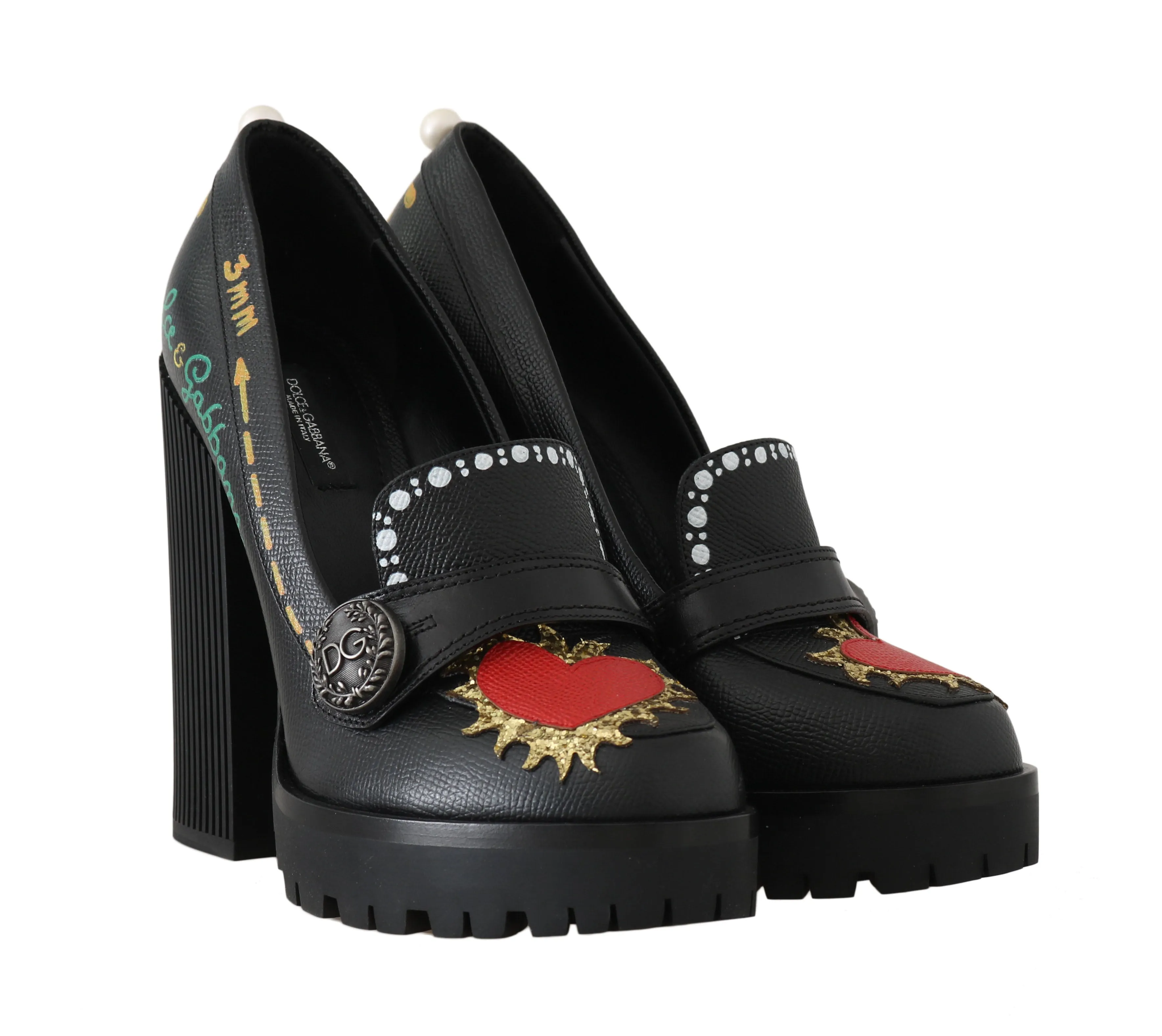 Black Leather Platform Red Heart Pumps