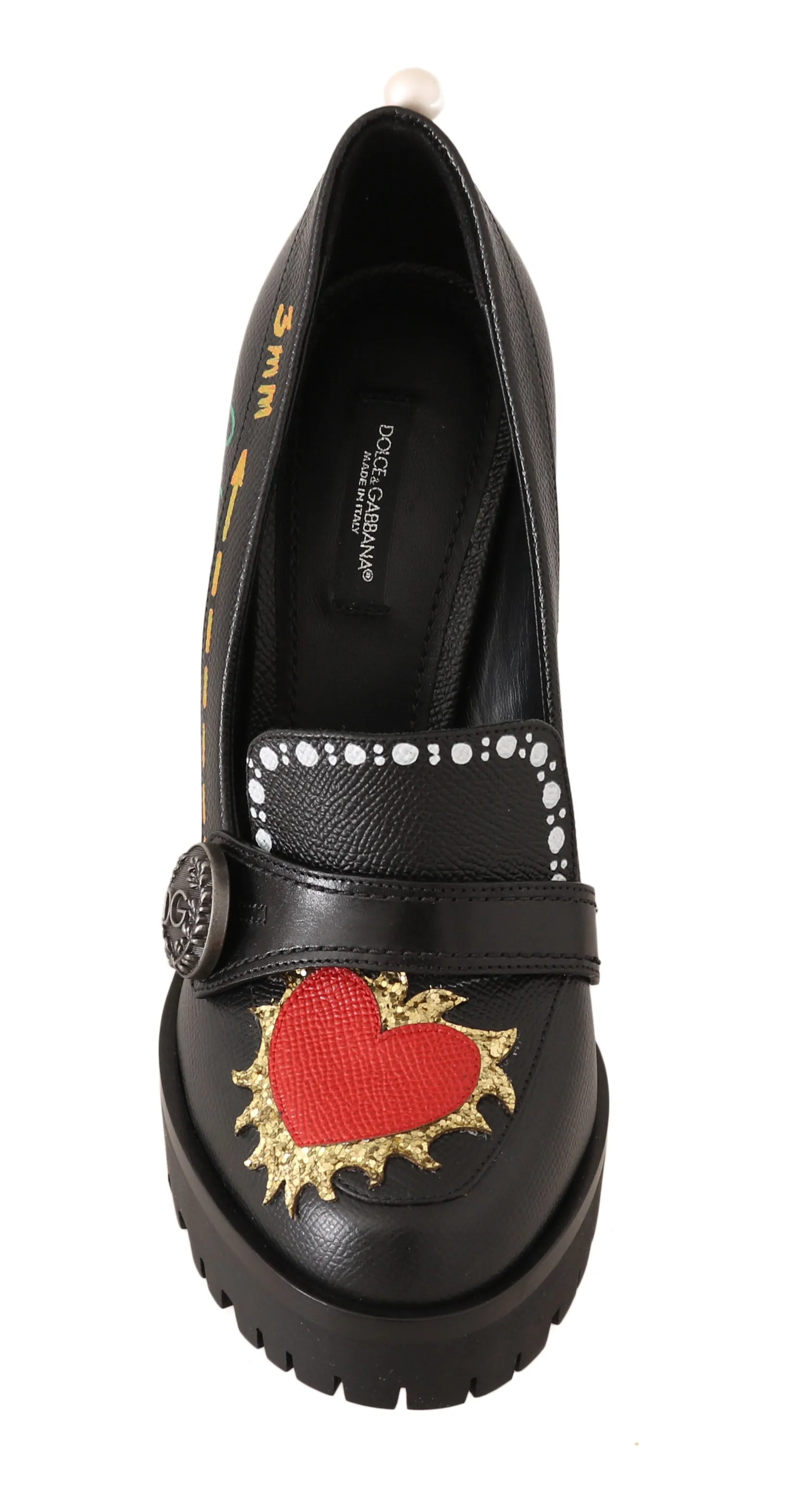 Black Leather Platform Red Heart Pumps