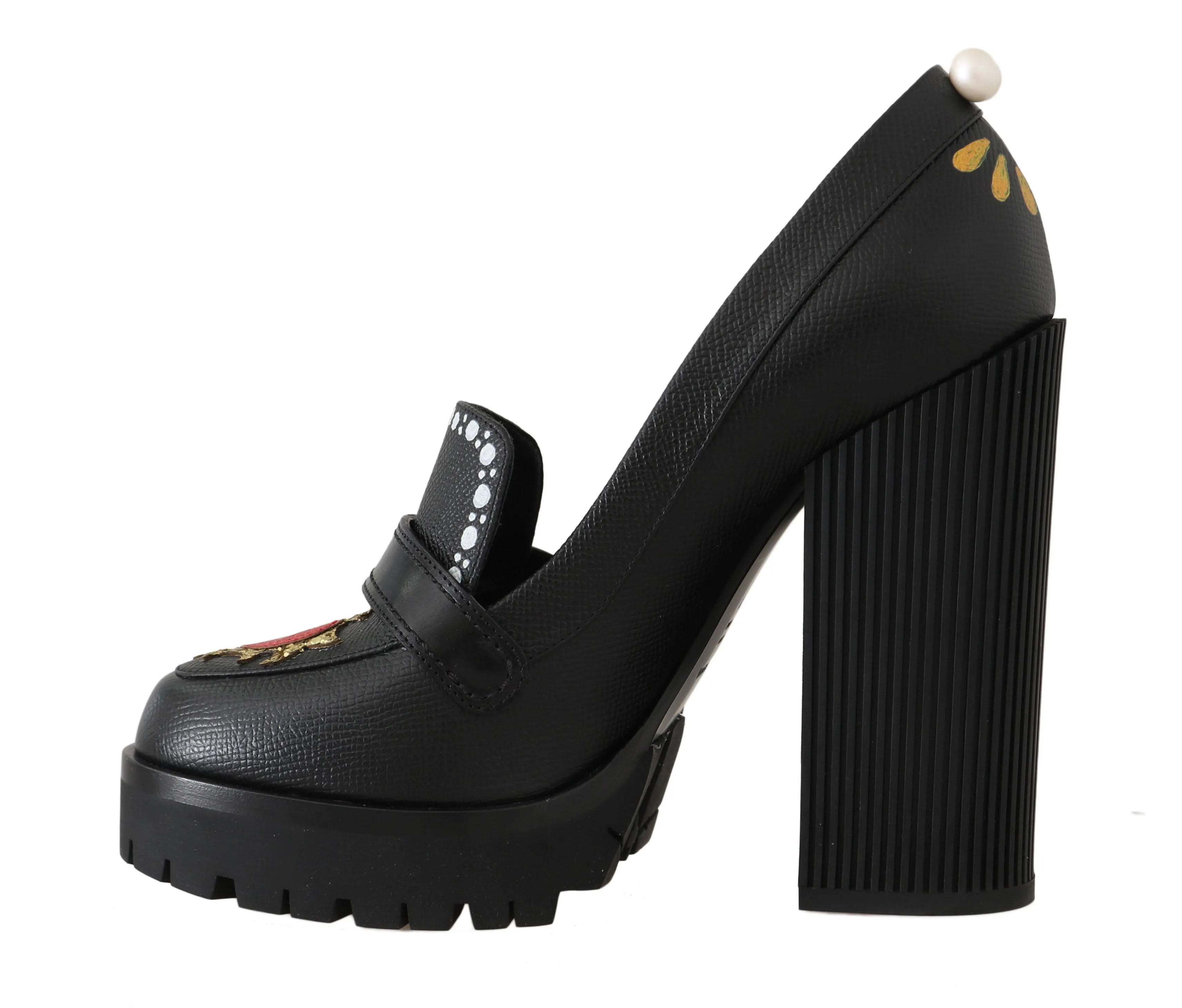 Black Leather Platform Red Heart Pumps