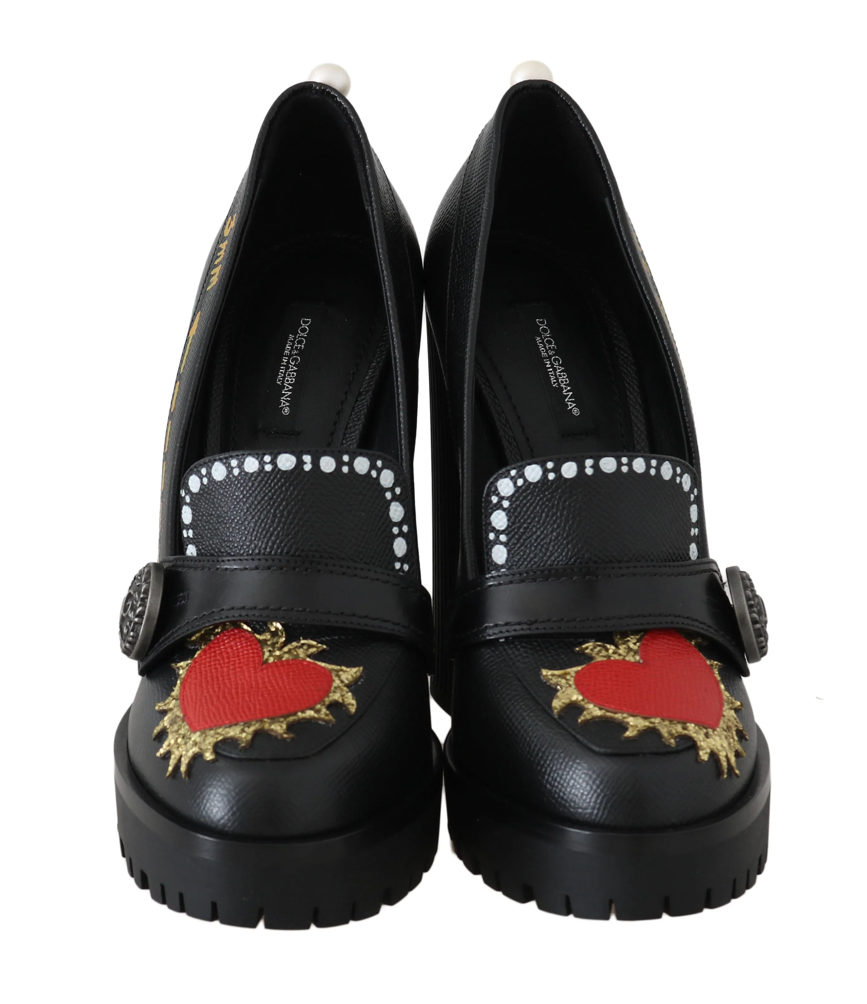 Black Leather Platform Red Heart Pumps